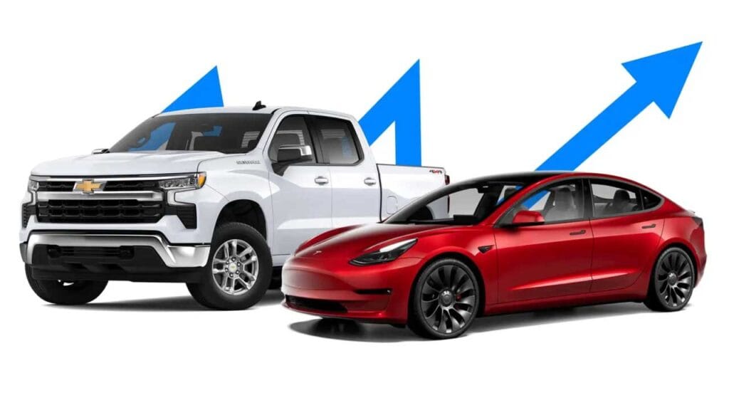 a white truck and red car